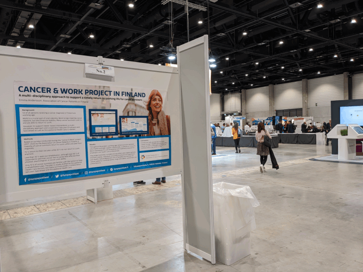 Näkymä ESGO-konferenssin näytteilleasettajatilaan ja Cancer & Work -posteriin