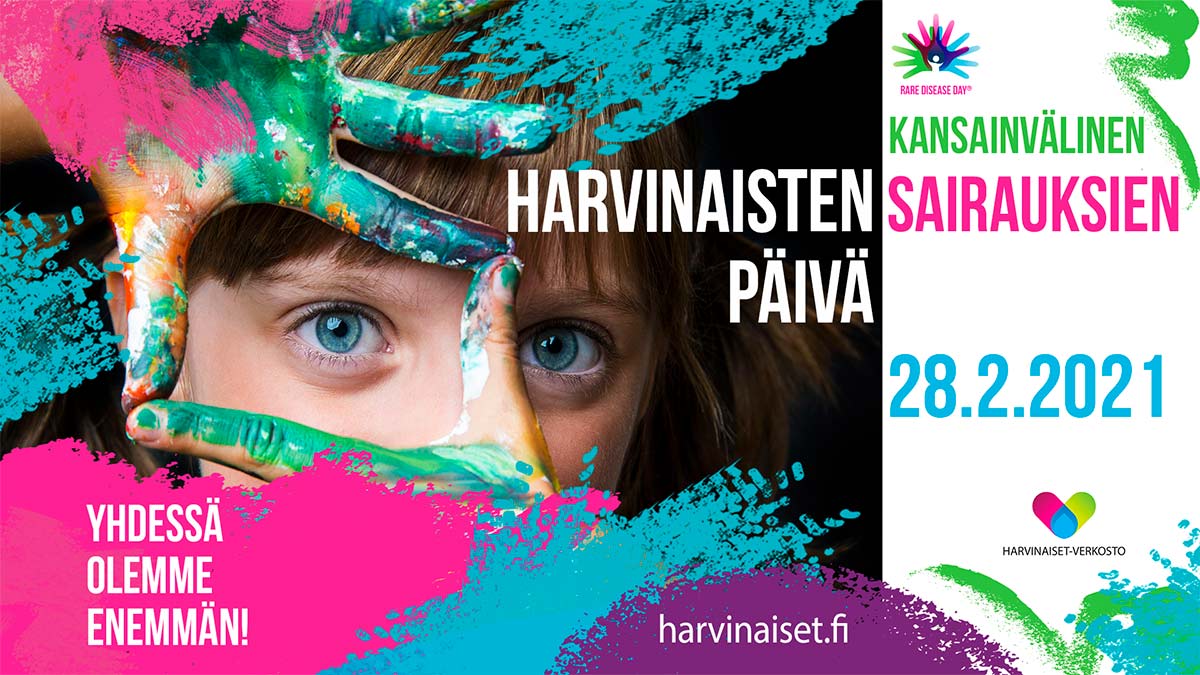 Harvinaisten sairauksien päivän teemakuva, jossa ihmiskasvot läheltä kuvattuna ja maaliset kädet
