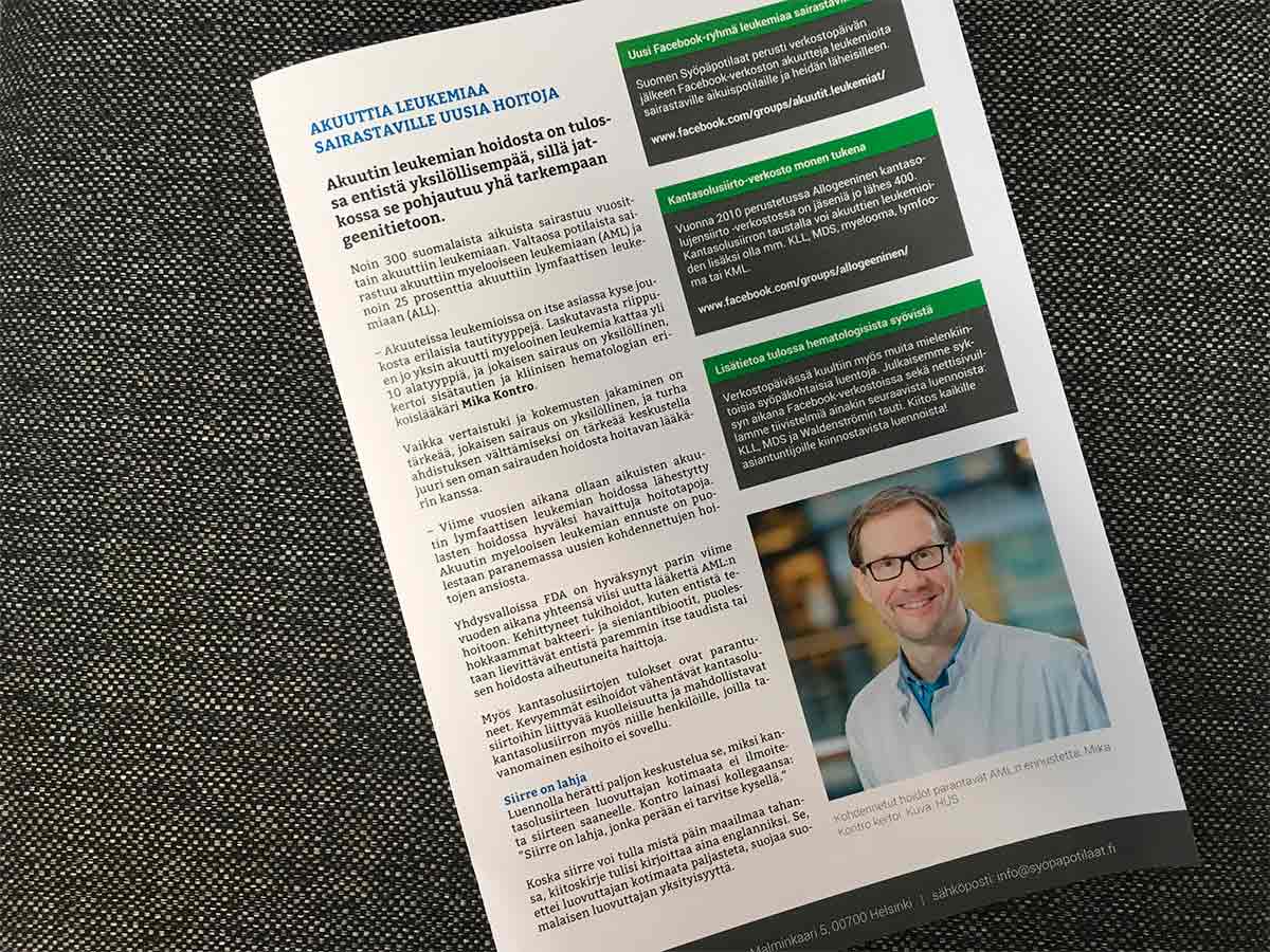 Kuva hematologisten syöpien potilastapahtumasta tehdystä uutiskirjeestä