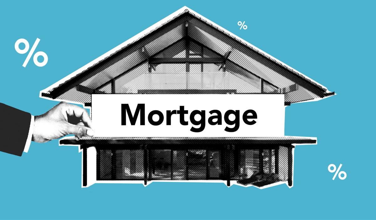 mustavalkoinen talo petrolinsinisellä taustalla ja talon edessä sana Mortgage